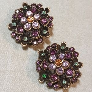 * vintage LaVintage multi color rhinestone flowers clip on earrings